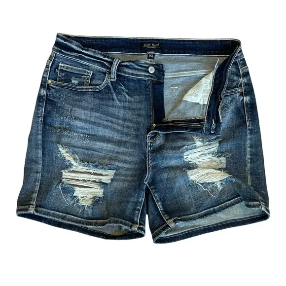 Judy Blue Women’s Sz 1X Distressed High Rise Denim Shorts Dark Wash Stretch - Picture 4 of 13